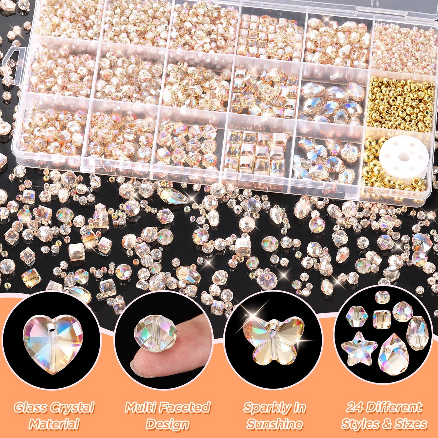 Zefy 2000+ Pcs Crystal Glass Beads for Jewelry Making, 24 Styles 3-15mm Assorted Faceted Craft Bead Kit for DIY Bracelet Necklace Earring Suncatcher (Silver Champagne)