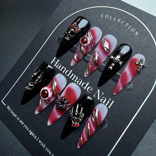 100% 5D Handmade Press on Nails Halloween Nails Balck Long Stiletto Nails Press ons Gothic False Nails with Skeleton Evil Eye Spider Charms Fake Nails for Women Girls Daily Wear DIY Manicure Size L