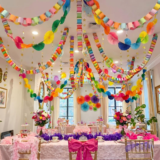 YooNotee 500 Sheets Paper Chain Strips and 4 PC Mirror Star Garland 3 Paper Fan Garland Garlands for Birthday Graduation Wedding Bachelorette Christmas Ceiling Hanging Decorations