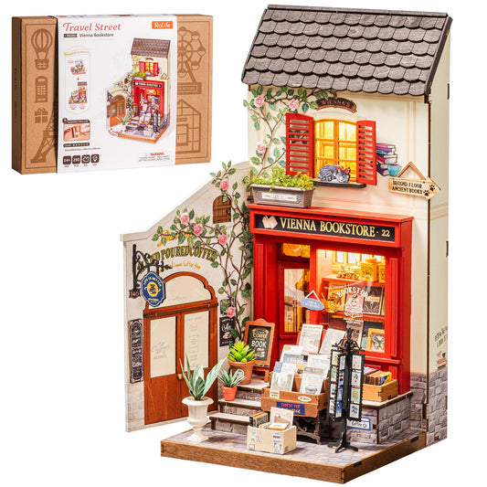Rolife Book Nook Kit, Vienna Bookstore DIY Miniature Dollhouse Kit with LED Light, 1:18 Scale Miniature Wooden Puzzle for Adults, Mini Building Kit Bookshelf Library Theme Birthday Crafts Gift Decor