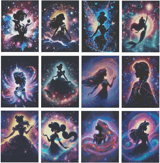 ARPADAMO 12 Pack Princess Diamond Art,Starry Sky Princess Diamond Art Kits for Adults,DIY Full Drill Diamond Painting Kit,Home Wall Decor Diamond Painting(12x16 Inch)