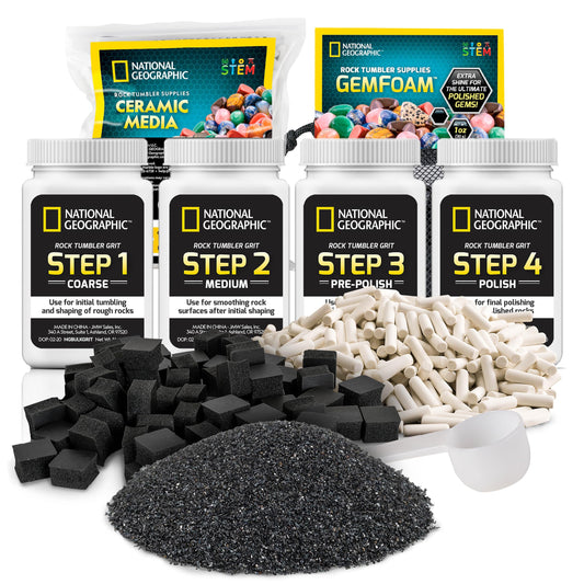 NATIONAL GEOGRAPHIC Rock Tumbler Grit & Media Refill Kit – Rock Polishing Supplies Kit, 4-Stage Silicon Carbide Bulk Grit, 1.5 Pounds of Ceramic Pellets, Stone Tumbling & GemFoam Polishing Media