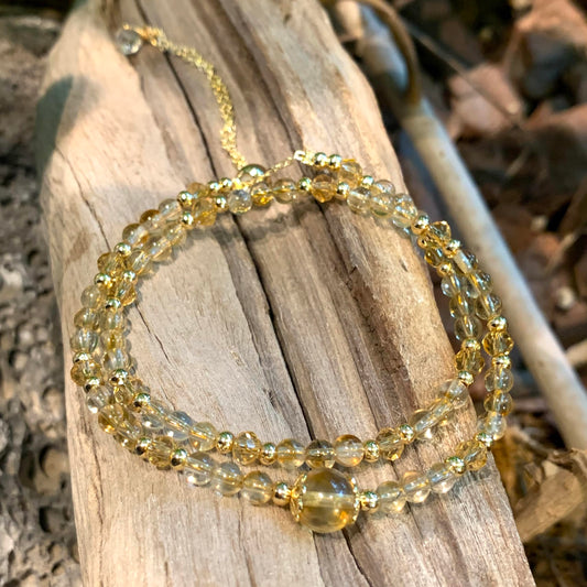 PSEEHEE Handmade Genuine Citrine Crystal Beads Double Layered 14k Gold Filled Wire Bracelet, Birthstone Chakra Healing Gemstone Crystal Adjustable Bangle Cuff Jewelry Gift for Women