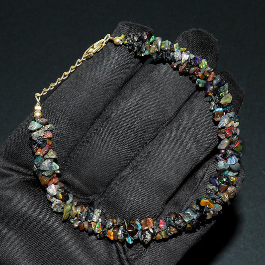 CRYSTALIS Natural Black-Opal Beads Braided Rope Bracelet, Chips Nuggets Beaded Gemstones, Chakra Healing Stones, Womens Jewelry, 14K Gold Plated 925 Sterling Silver Bracelet 8 inch