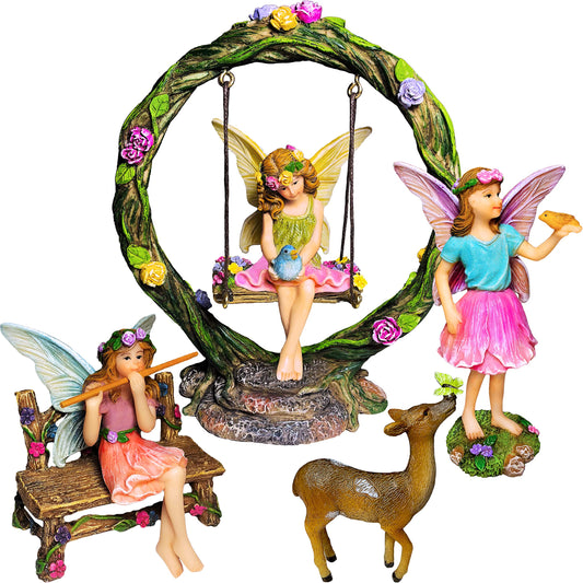 Mood Lab Fairy Garden Figurines with Swing - Miniature Decor Set (6 pcs) - Statues & Accessories - Outdoor & Indoor Garden Decor