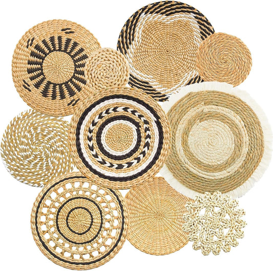 10 Pack Boho Wall Decor, 15 Inch Wall Basket Decor Round Handmade Hanging, Rattan Woven Round Wall Art for Living Room, Rustic Flat Elegant, Farmhouse, Bedrooms, Table Settings, Kitchen, Home