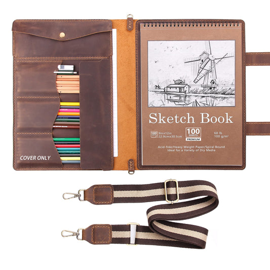 Robrasim Handmade Leather Sketchbook Cover, Artist Sketch Pad Holder for 9"X12" Top Spiral Bound Sketchbook, Drawing Book Pencil Case, Journal Portfolio with Shoulder Strap, Artist Gifts,Brown