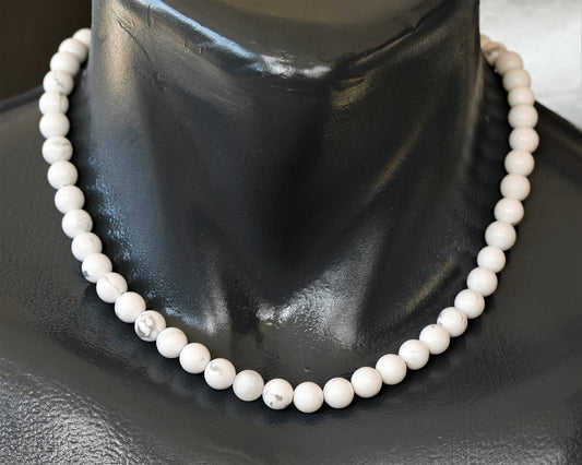 Natural Howlite Beaded Choker Necklace | 8mm Handmade Gemstone Jewelry | Gemini Zodiac Chakra Crystal | Calming Stress Relief Clarity Communication Balance White Stone Gift for Women & Men