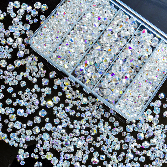 1550PCS Bicone Crystal Glass Beads Set for Jewelry Making, 3mm 4mm 6mm 8mm Sparkling Faceted Beads Sorted by Size for Bracelets, Necklaces, Suncatchers & DIY Crafts(AB White)