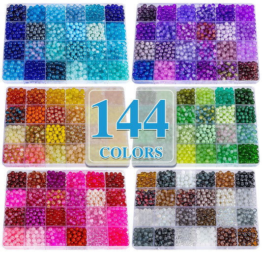 XSEINO About 7200PCS 6mm Glass Beads Bracelet Making Kit,144 Assorted Colors Crystal Glass Beads for Bracelet and Jewelry Making and DIY Crafts,Friendship Gifts,to Give to Friends, Family