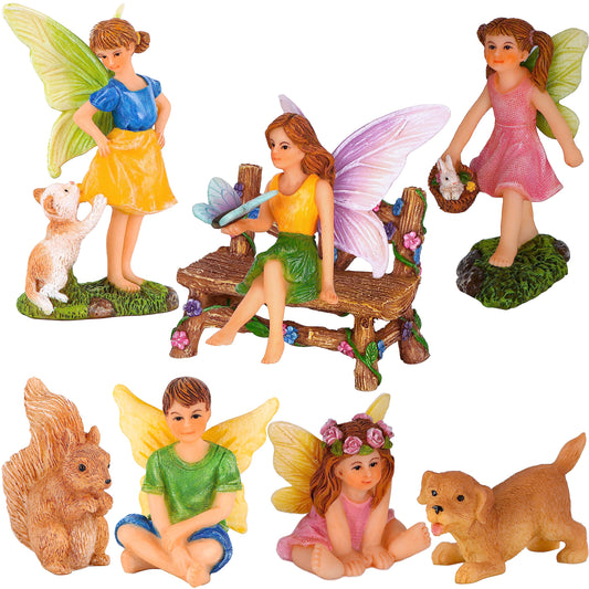 Mood Lab Fairy Garden Figurines with Animals - Miniature Decorative Statues & Accessories Set (8 pcs) - Outdoor & Indoor Garden Decor