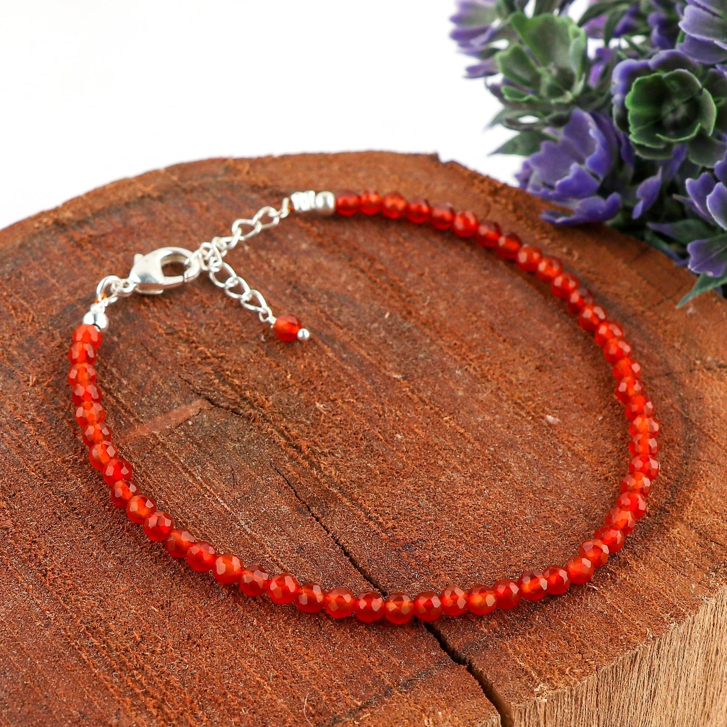 CRYSTALINES Natural Red Carnelian Gemstone Bracelets, Faceted Beads Stones, Handmade Hypoallergenic Bohemian Jewelry for Women, Healing Crystals, Adjustable Silver Plated 7+1inch Birthday Gift