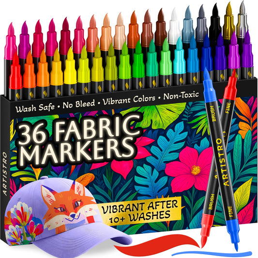 ARTISTRO 36 Dual-Tip Fabric Markers - Fabric Decorating Kit - Permanent for Clothes - No Bleed Pens for T-Shirts, Bags, Textile, Canvas, and More (Brush Tip and Fine Tip)