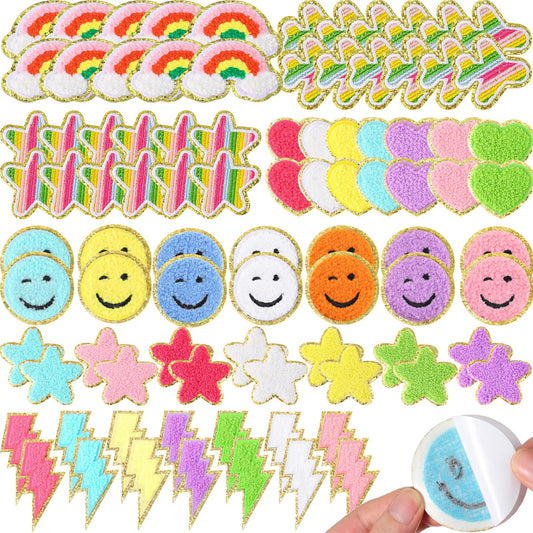 98 Pcs Self Adhesive Chenille Patches Cute Chenille Embroidered Patches Colorful Heart Lightning Rainbow Applique for Clothing Fabric Jackets DIY Mobile Phone Backpacks Hat