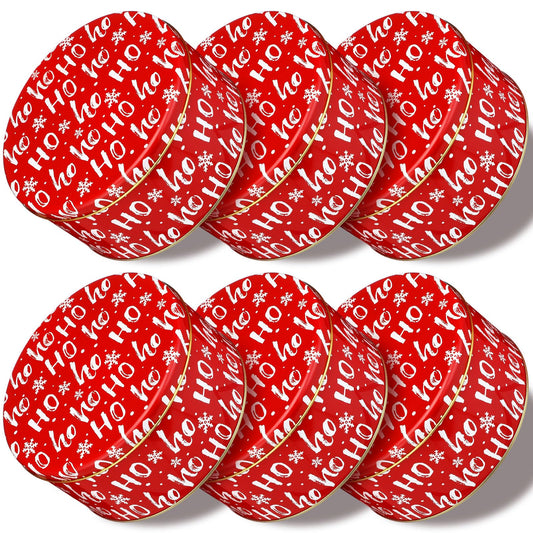 Suttmin 6 Pcs 6.6 Inch Christmas Cookie Tins with Lids Round Metal Red Snowflake Tin Containers for Gift Giving Decorative Storage Box for Holiday Baking Chocolate Snack Party Favors