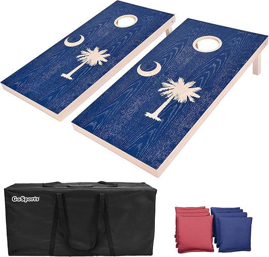 GoSports 4 x 2 ft Flag Series Wood Cornhole Sets – American Flag or State Flags – Includes 2 Regulation Size Boards, 8 Bean Bags, Carrying Case and Rules