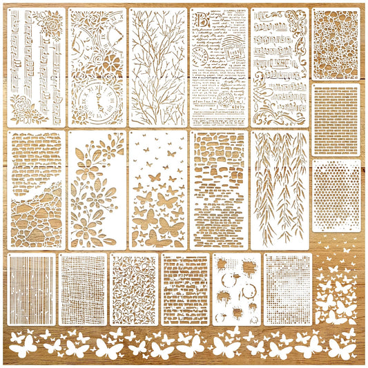 19pcs Stencils for Crafts Reusable Musical Notes Brick Branches Floral Texture Dot Background Template Drawing Layering Stencils for Painting on Wood Scrapbook Furniture Paper Card Decor(crafts19)