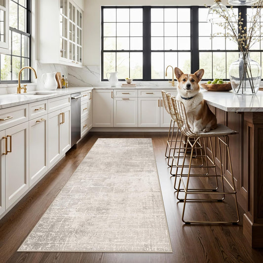 Skiennix 3x7 Washable Hallway Runner Rug - Abstract Stain Resistant | Ultra Soft Non-Slip Carpet in Beige/Cream