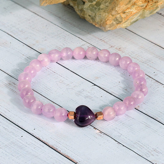 NirvanaIN Kunzite Strech Bracelet With Fluorite Heart Natural Gemstone Handmade Healing Chakra Yoga Bracelet For Women Love (18 cm)
