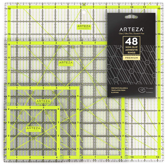 ARTEZA Quilting Rulers Set of 4, Acrylic Square Quilting Rulers for Sewing and Fabric Cutting, 4.5 x 4.5, 6 x 6, 9.5 x 9.5, 12.5 x 12.5 Inch, Dual-Color Grid, 30/45/60 Degree, 48 Non-Slip Rings