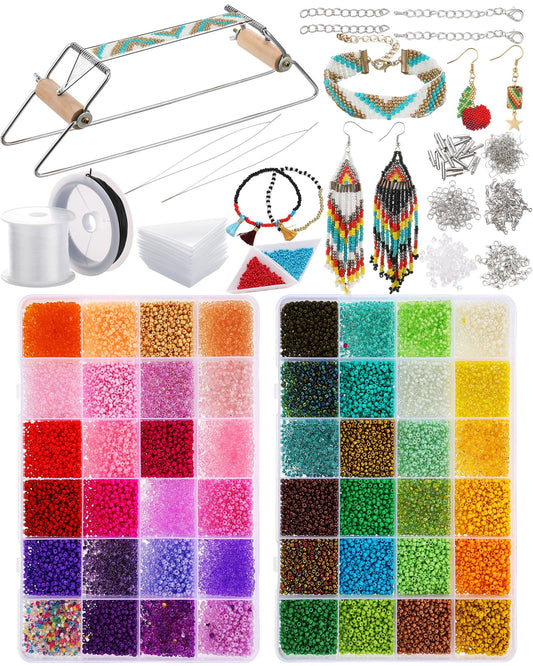 Jexine Bead Loom Kit for Adults 24000 Pcs Beading Loom Supplies with 48 Color 2 mm Glass Seed Bead Bracelets Christmas Jewelry Earring Making Tools Gifts for Women DIY Craft