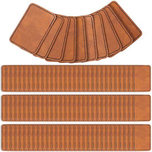 120 Pcs Blank Leatherette Hat Patches with Adhesive Backing - Faux Leather Iron-On Rectangular Patches for Fabric Repair, Custom Sewing, Laser Engraving & DIY Crafts (Brown, 3 x 2 Inches)