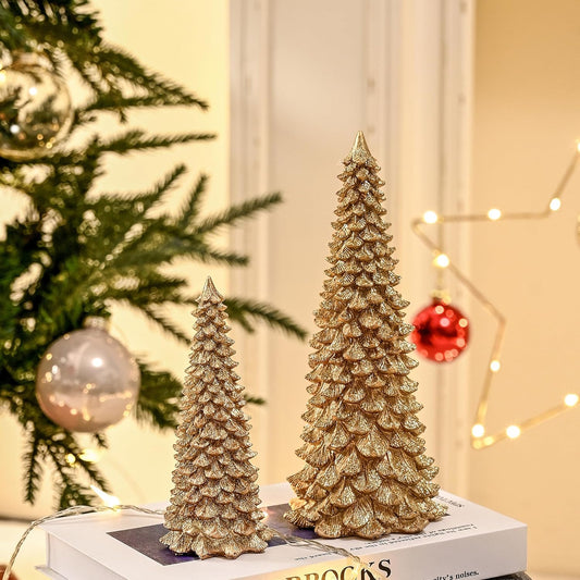 AOMOONOA Gold Christmas Tree Figurines - 2Pcs Resin Glitter Tabletop Decor | Small Xmas Trees Set