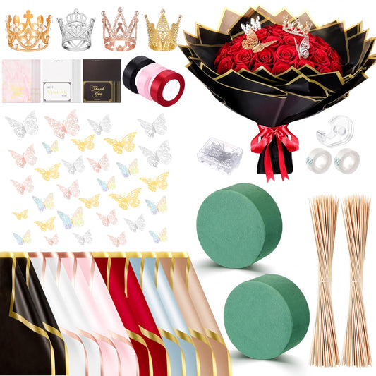 Fullhawl Money Bouquet Kit 48 Sheets Flower Wrapping Paper 48 Butterflies 4 Crowns 18 Cards 150 Bamboo Skewers Flower Bouquet Accessories for Birthday, Graduation, Wedding Gifts(Chic Colors)