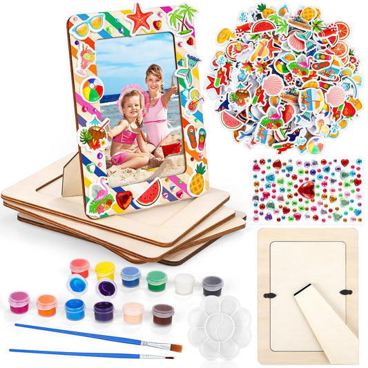 Fovths 24 Packs Summer Picture Frame Painting Craft Kit with 150 Stickers 2 Rhinestone Stickers Painting Tools Set 4 Brushes for DIY Kids Crafts Decorate
