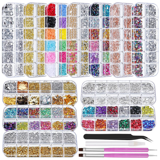 12 Boxes Nail Rhinestones Gems Kit,Gold/Silver Metal Studs,Mixed Sizes Flatback Crystals Rhinestones,Half Pearls,Sequins,Foil Flakes with Tweezers & Dotting Tools for DIY Manicure