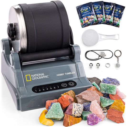 National Geographic Rock Tumbler Kit – Hobby Edition Includes Rough Gemstones, and 4 Polishing Grits, Great STEM Science Kit for Geology Enthusiasts, Rock Polisher for Kids and Adults