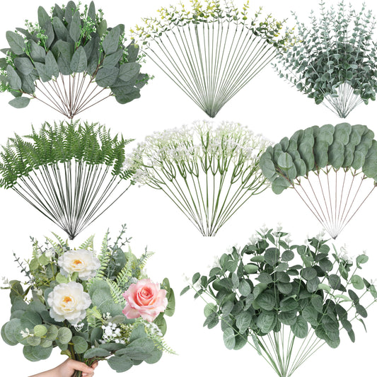 Hoplito 150 Pcs 7 Kinds Mixed Artificial Eucalyptus Leaves Stems Bulk, Fake Greenery Plants Faux Silver Dollar Eucalyptus Leaves for Wedding Vase Bouquet Floral Arrangement Centerpiece Home Decor