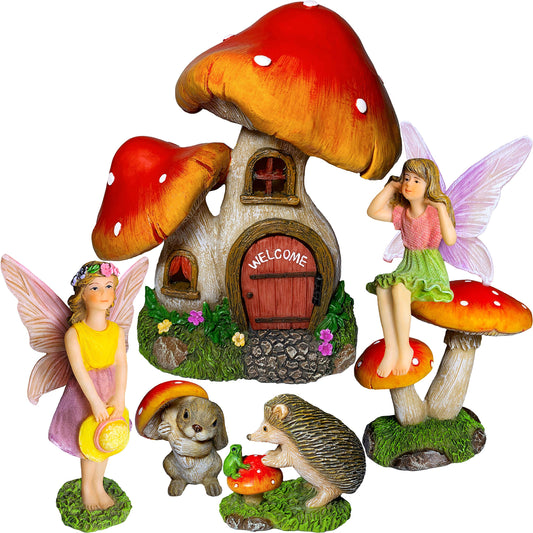 Mood Lab Fairy Garden Figurines - Mushroom House Set (6 pcs) - Miniature Decorative Statues & Accessories - Outdoor & Indoor Garden Decor
