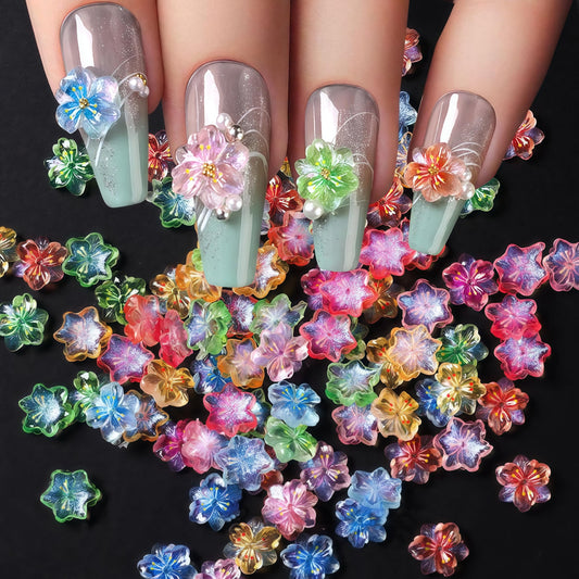 100PCS Glitter Peach Blossom Nail Art Charms 3D with Ice Clear Powder Flowers Mixed Spring Summer Jelly Color Floral Diamond Nail Jewelry Tiny Flowers Nail Design for Women Manicure Supplies