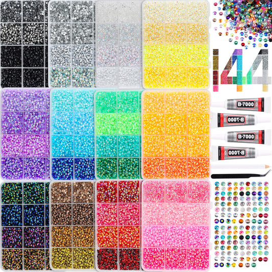 LERBOU 90000Pcs Bedazzling Kit for 12 Colors Rhinestones with 4 Shades Each - 12 Box Diamond Art, 3mm Flatback Gems with 4×10ml B7000 Jewelry Glue & Tools, Perfect for Nail Art, Crafting, Clothing