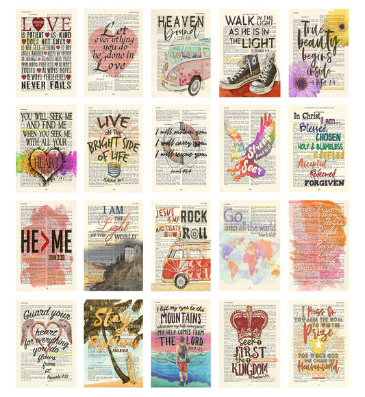 ART FOR THE MASSES Set 1-20 Piece Colorful Bible Page Verse Collage Kit - Christian Gift, Teen Room Wall, Dormitory Bedroom Decorations, Vintage Aesthetic, 4x6 Professional Photos