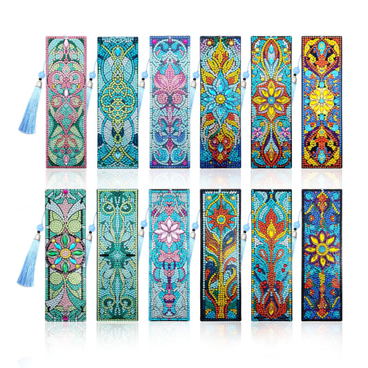 12 Pcs DIY Diamond Art Bookmarks for Adults Women Beginners Acrylic Dotz Diamond Art Bookmarks Kit Diamond Painting 5d Floral Rhinestone Bookmark Diamond Art Book Marks with Tassels Crafts Supply