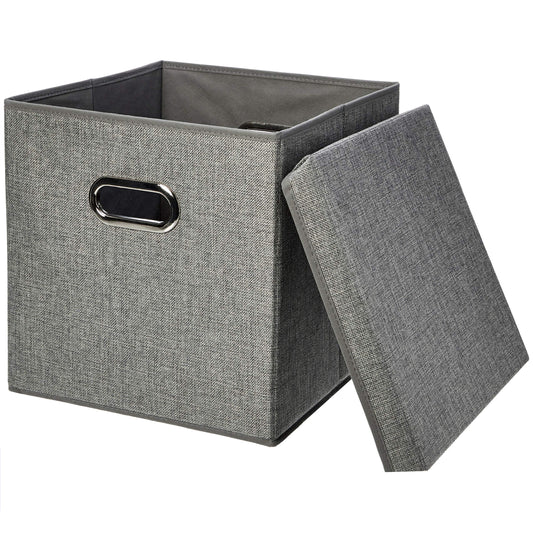 Amazon Basics Foldable Burlap Cloth Cube Storage Bins with Lid, Collapsible Organizing Containers, Stackable and Sturdy, Gray, Set of 2