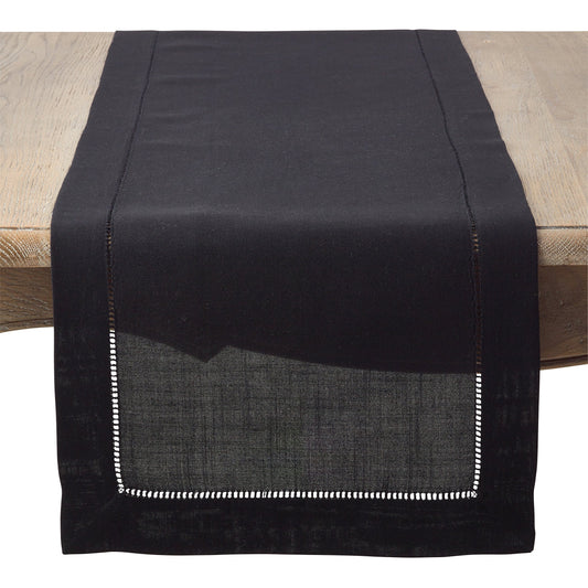 SARO LIFESTYLE Hemstitched Border Table Runner, Black, 16"x120"